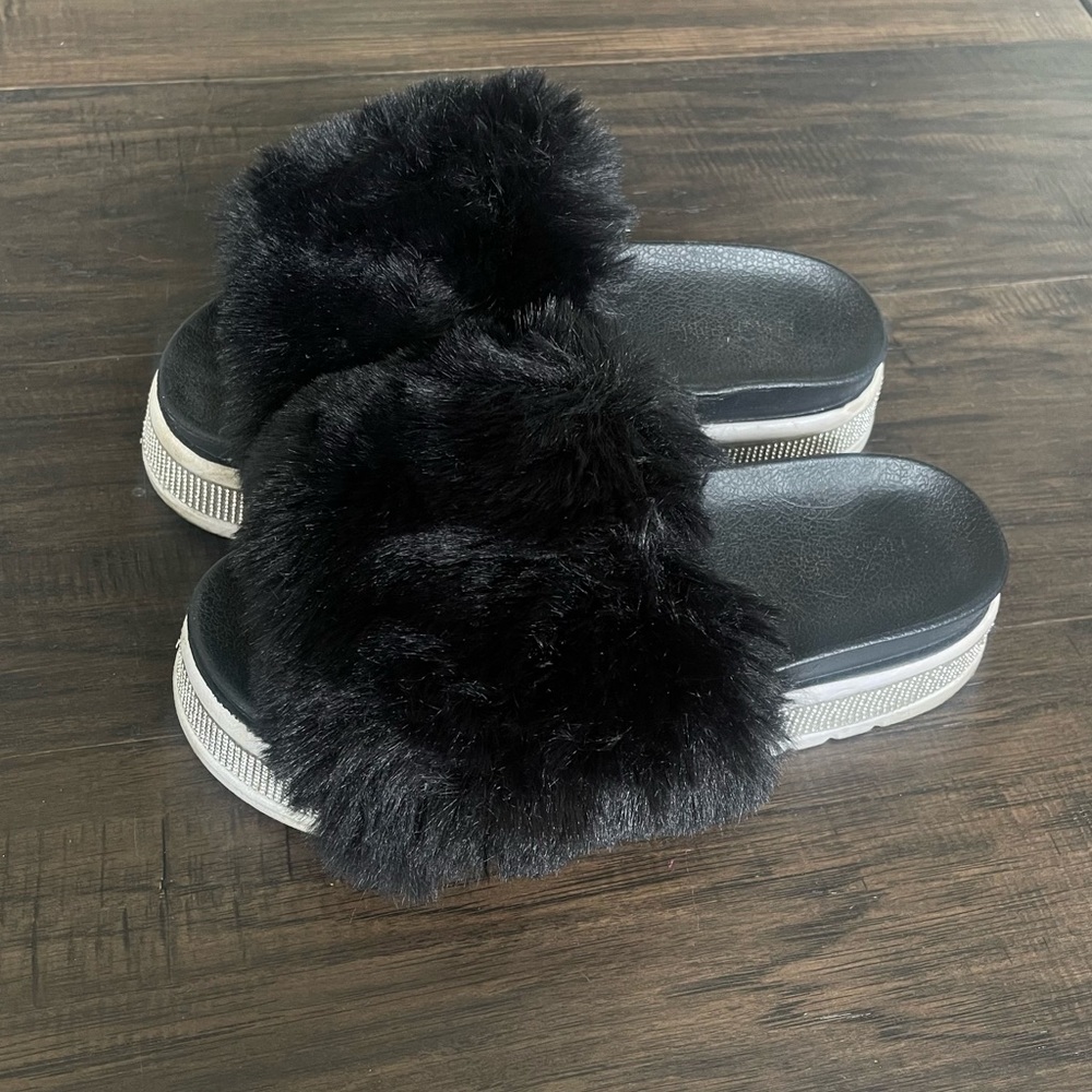 Akira Azalea Wang Fur Slides Rhinestones Platforms